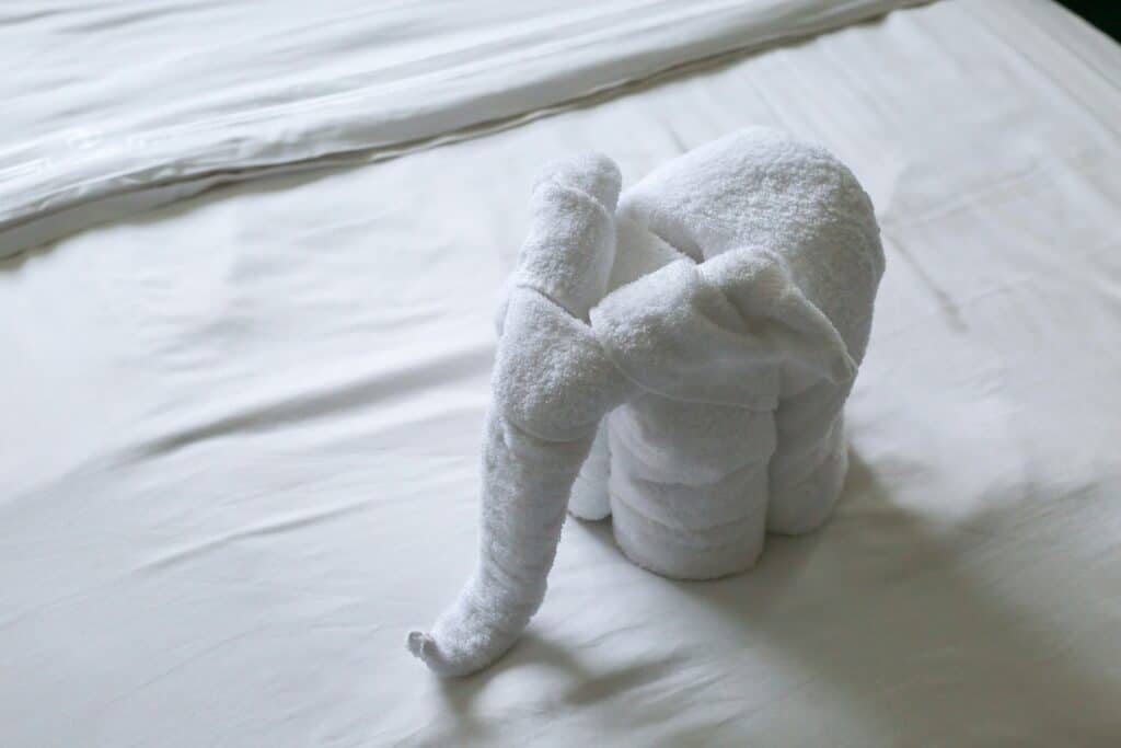 A white face towel folded to look like an elephant, much like napkins are folded to become animals, boats, hats, and hearts
